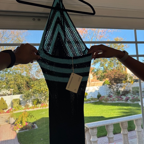 Peppermayo Exclusive - Masterpiece Halterneck Crochet Maxi Dress - Azure Stripe - Picture 6 of 8